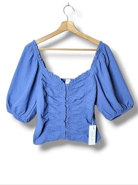 Sienna Sky Blue Puff Sleeve Smocked Crop Top Size L Sweetheart Neckline